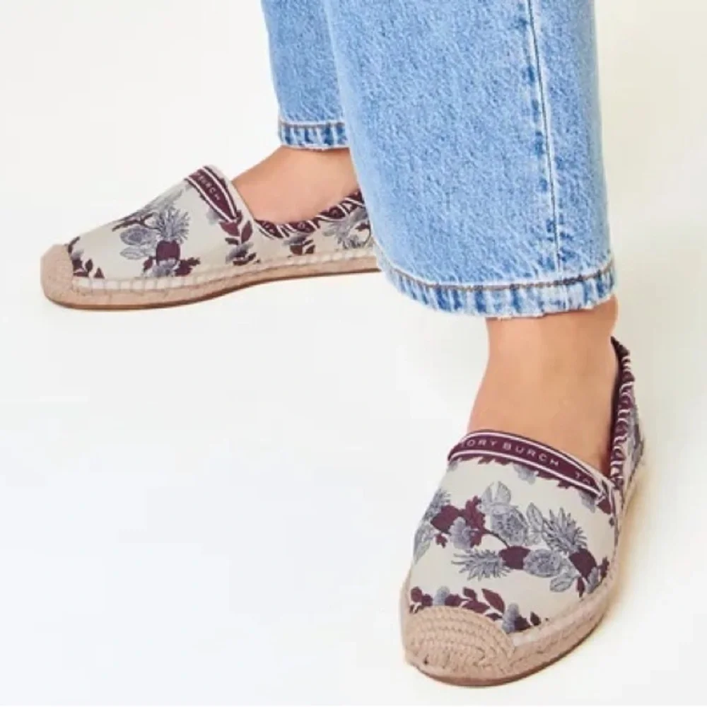 TORY BURCH Grosgrain Whipstitch Floral Imperial Garnet Espadrilles Flat,Sz 7,NIB